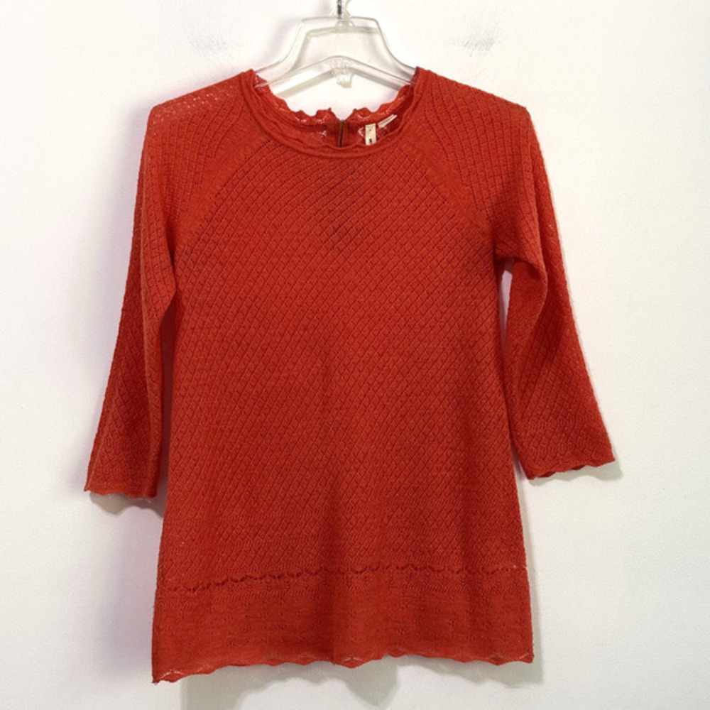MOTH Anthropologie Sweater S Thin Pointelle Crochet 3/4 Sleeve Open Knit‎ Wool
